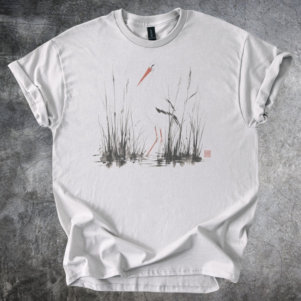 Heron Wading Through Marsh Reeds Sumi-e Tee